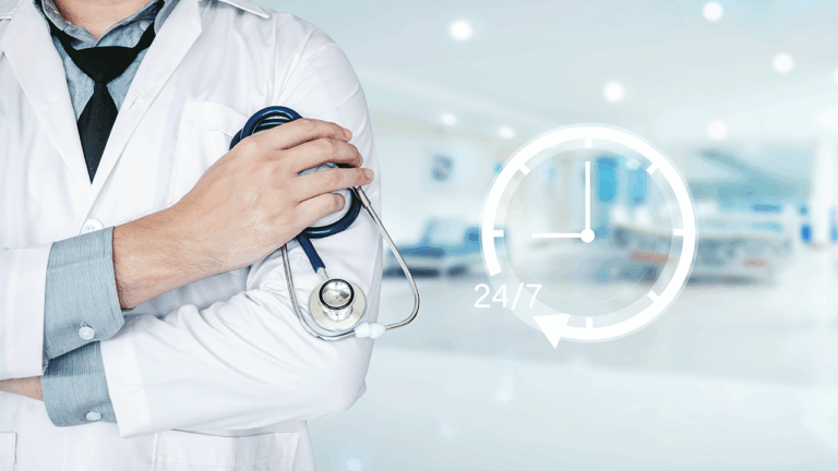 24/7 healthcare support concept with doctor holding stethoscope in hospital setting