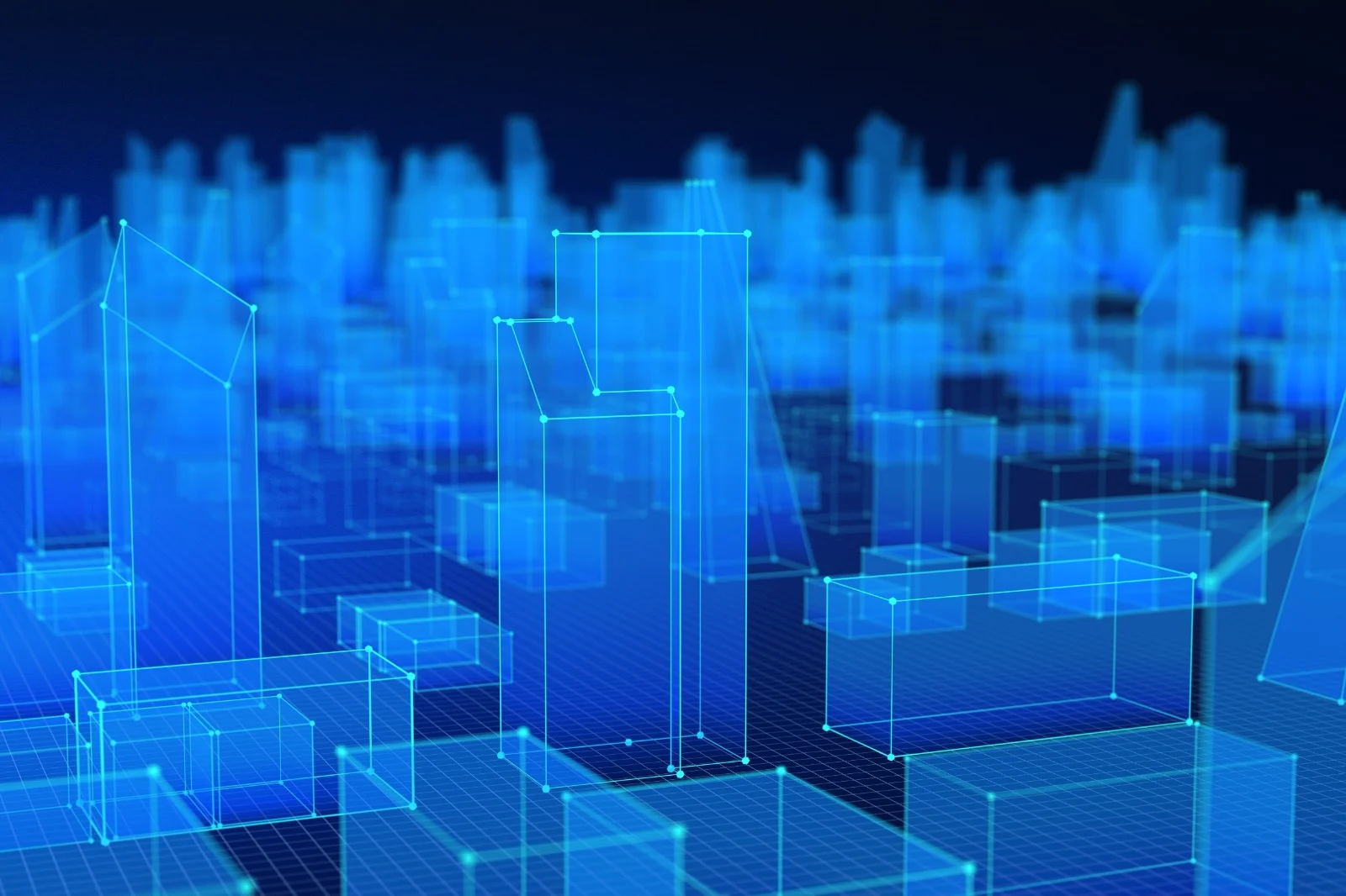 Abstract digital cityscape illustrating AI-powered customer experience, omnichannel support, and digital transformation.