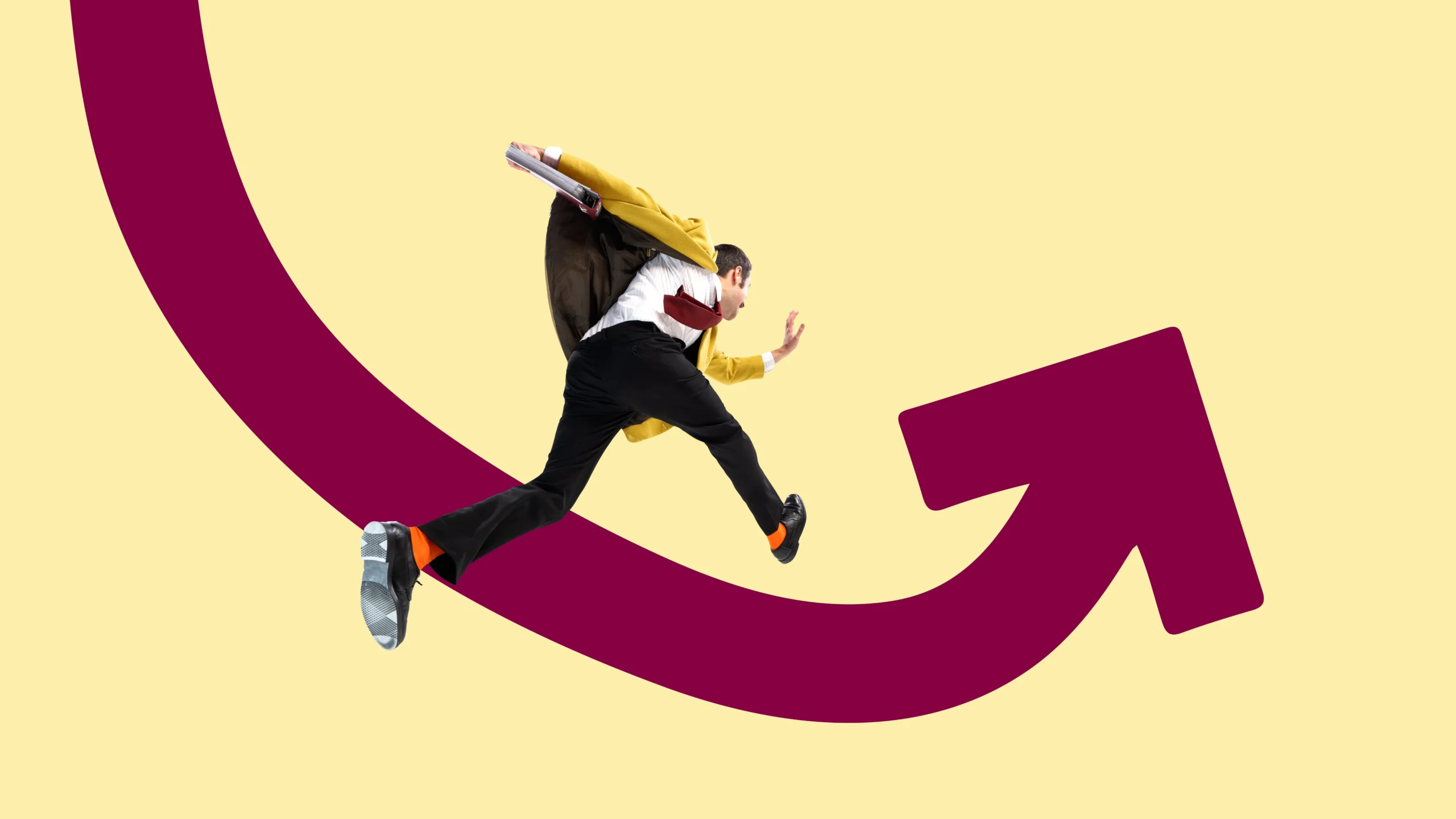 Business professional leaping over an upward arrow representing human-in-the-loop CX with smart AI escalations that build trust.