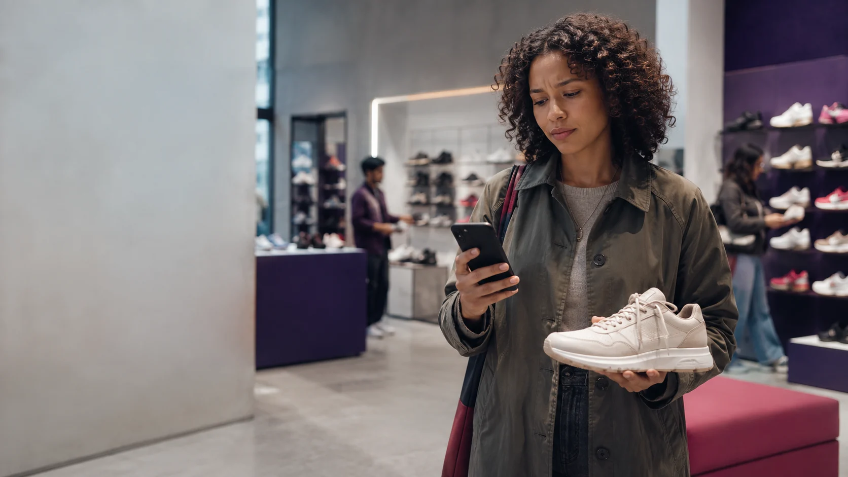 Woman shopping for shoes at a retail store using a smartphone