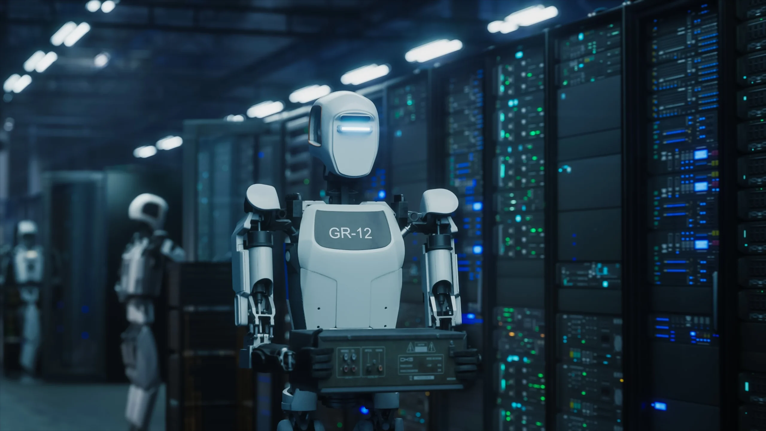 AI robot in a data center surrounded by servers, representing AI in telecommunications customer operations