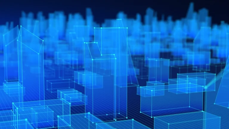 Abstract digital cityscape illustrating AI-powered customer experience, omnichannel support, and digital transformation.