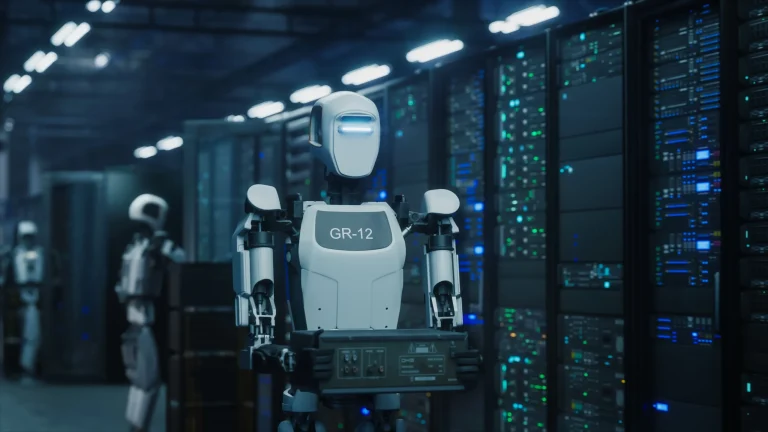 AI robot in a data center surrounded by servers, representing AI in telecommunications customer operations