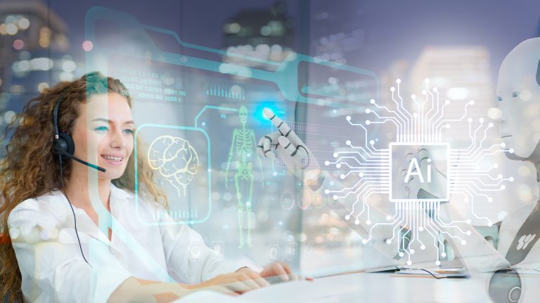 Smiling female agent using a headset at a BPO company while collaborating with AI technology; a robot and futuristic interface display highlight innovation in customer support at cxperts.
