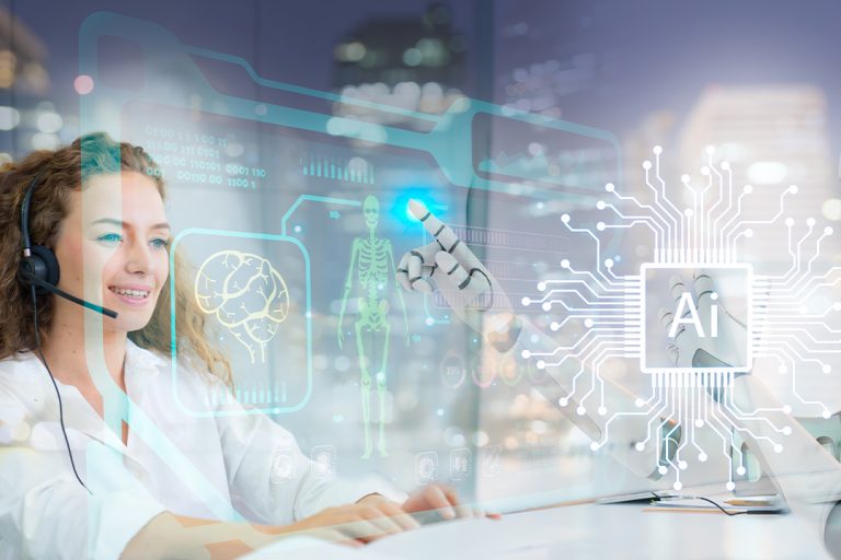 Smiling female agent using a headset at a BPO company while collaborating with AI technology; a robot and futuristic interface display highlight innovation in customer support at cxperts.